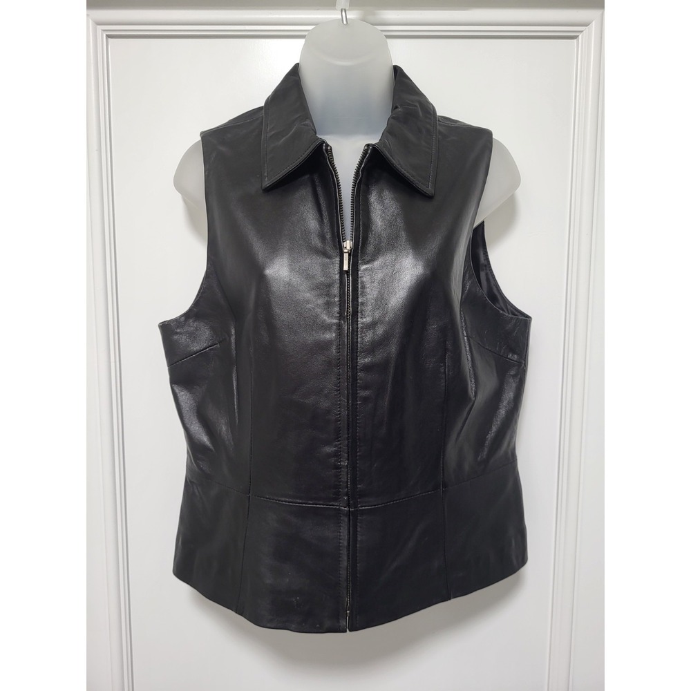NWOT Womens Black Lambskin Leather Full Zip Biker Grunge Goth Vest Sz M